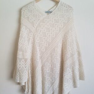 Long Boho Knit Poncho with Fringe in Ivory. NWOT